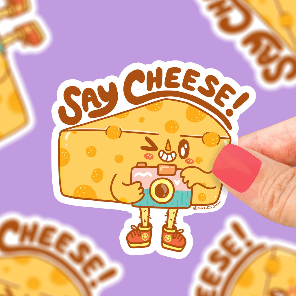 say-cheese-funny-cheesy-sticker-pun-food-sticker-by-turtles-soup-vinyl-sticker-cheese-lover-cheddar-cheese-block-photo-photographer-film