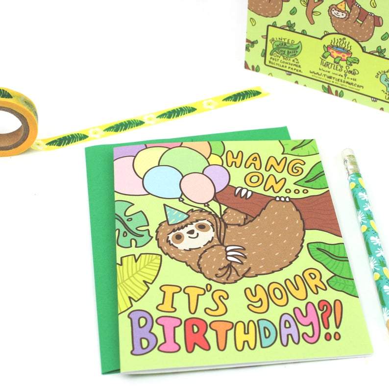 sloth-birthday-card-cute-stationery-illustration-tree-plants-balloons