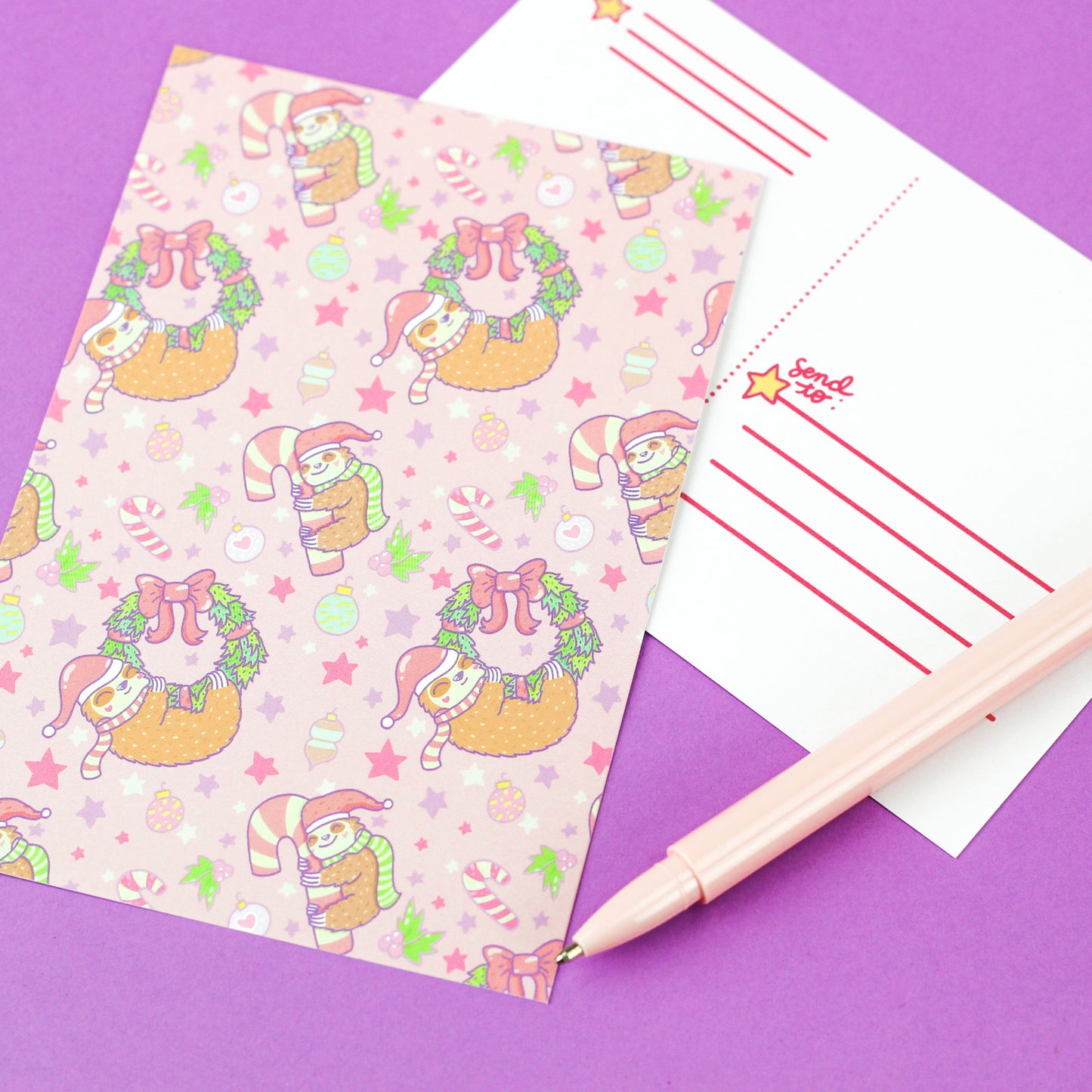 sloth_slothmas_chirstmas_holiday_postcard_turtlessoup_turtles_soup_stationery_post_cute_pastel_wreath