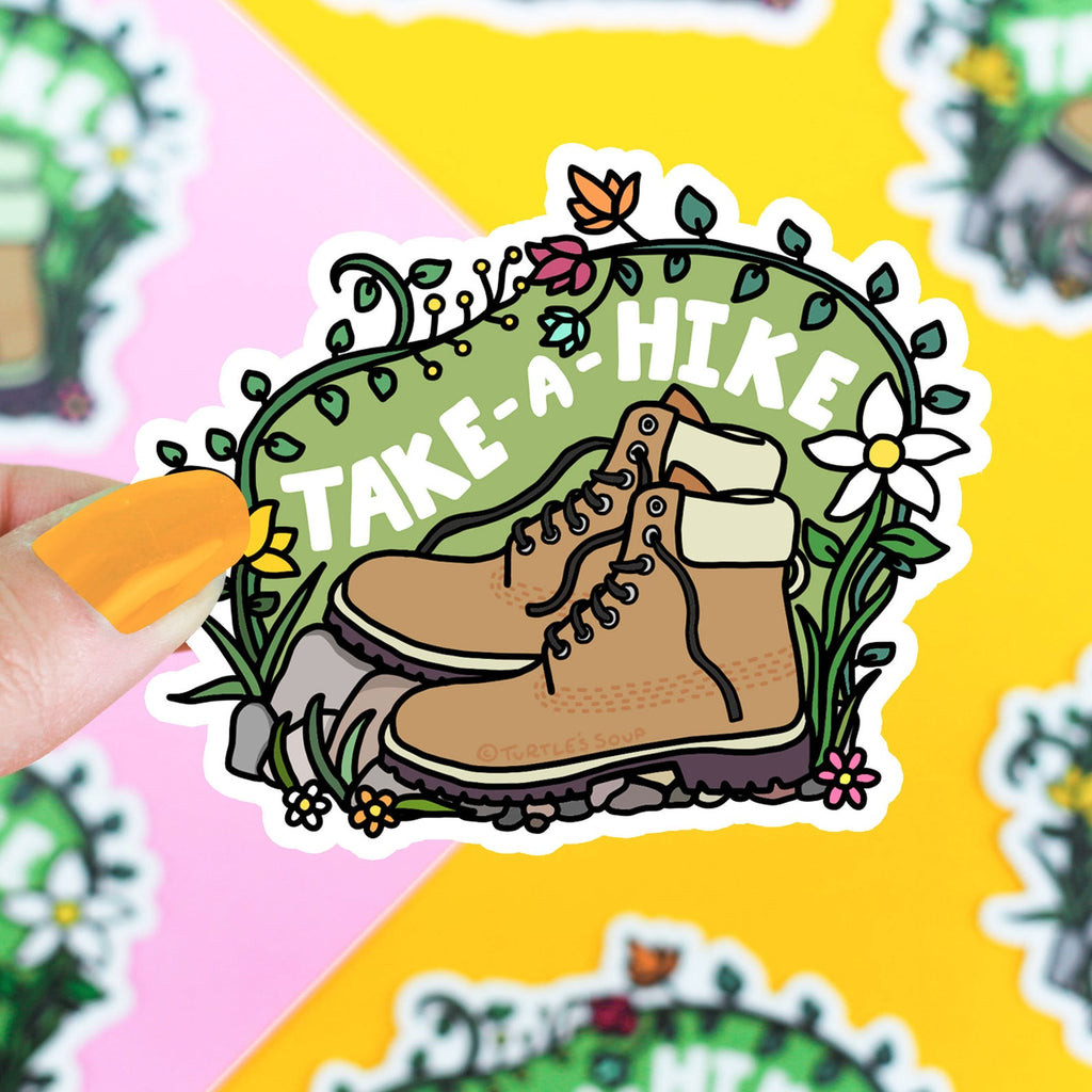 take-a-hike-turtles-soup-hiking-outdoors-vinyl-sticker-decal-for-backpacking-water-bottle-turtles-soup-boots