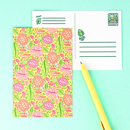 tropical,turtles,plants,cute,monstera,turtles,soup,leaves,stationery,postcard,card,postage