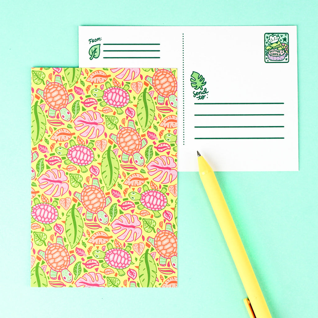 tropical,turtles,plants,cute,monstera,turtles,soup,leaves,stationery,postcard,card,postage