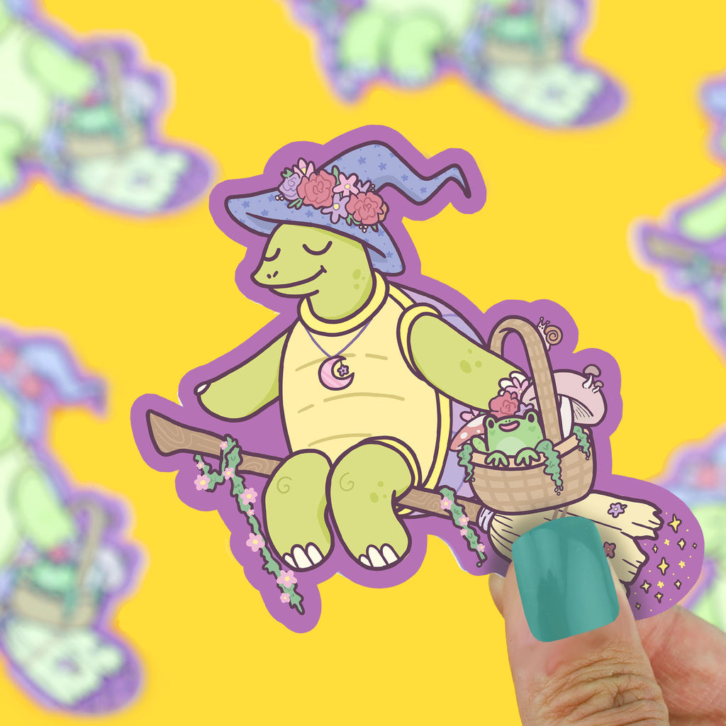 witchy-turtle-sticker-cute-witch-decal-for-waterbottle-laptop-by-turtles-soup-cottagecore-enchanted-buddy-art