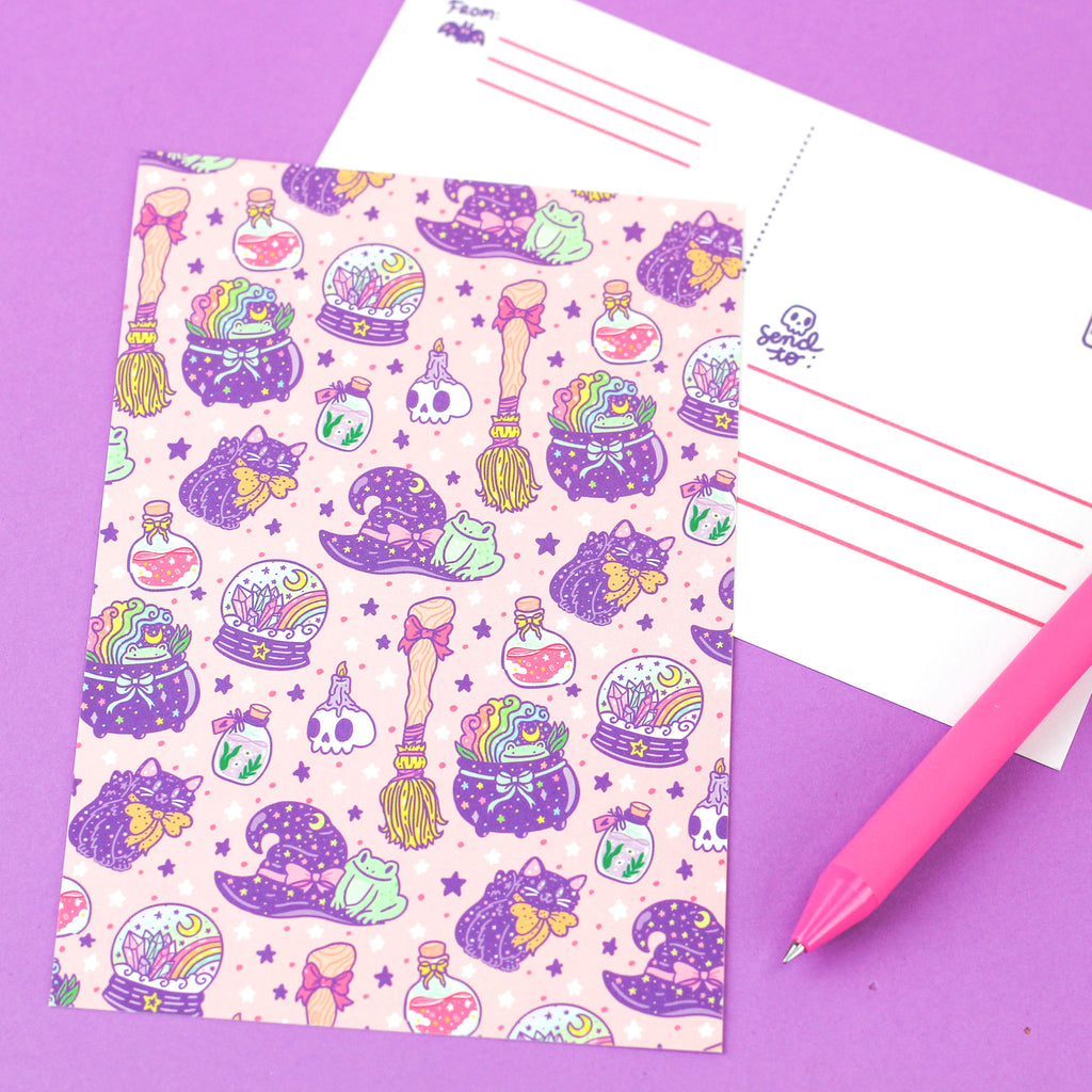 witchy,witch,witches,potion,hat,broomstick,cauldron,cute,pastel,skull,crystal,ball,turtlessoup,postcard,stationery,gothic,fortune,cute